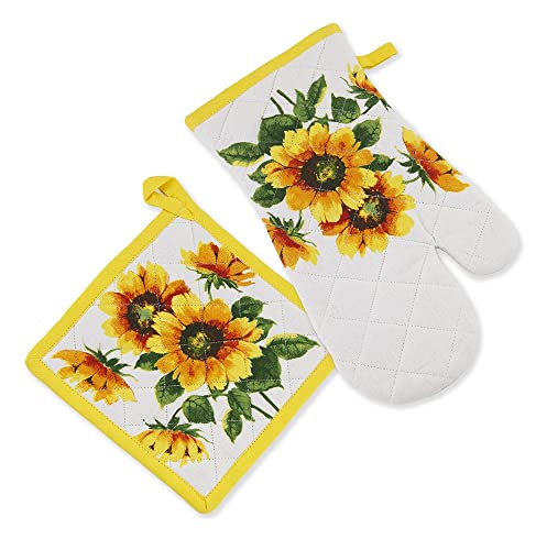 Boston International Cotton Oven Mitt and Pot Holder, Set of 2, 8 x 13-Inches and 7.5 x 7.5-Inches, Colourful Sunflowers