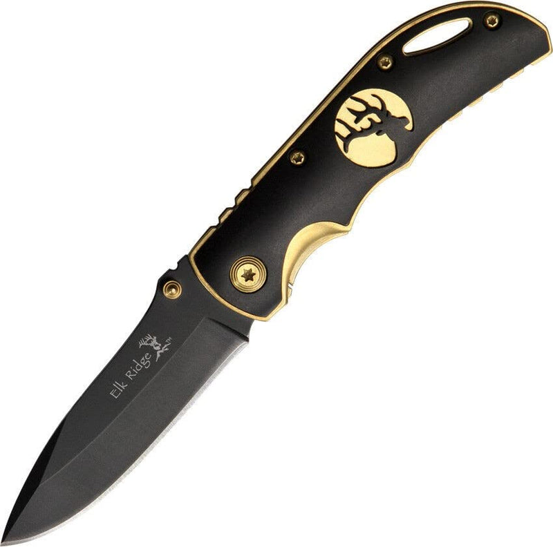 Master Cutlery Elk Ridge - Outdoors Folding Knife - 3.75-in Black Stainless Steel Blade, Gold and Black Aluminum Handle, Pocket Clip - EDEC, Hunting, Camping, Survival - ER-134