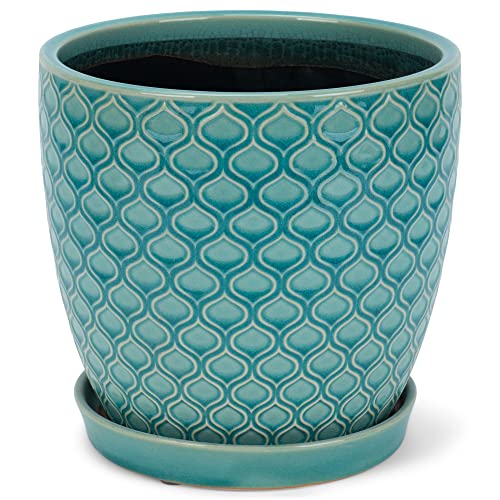 Napco Large Lattice 7.25 Inch Diameter Aqua Glazed Ceramic Flower Pot Planter with Saucer