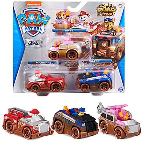 UPD PAW PATROL 6060795 3 Pack True Metal Ride On Mud Cars with Skye, Chase and Marshall 1:55 Scale Kids Toy