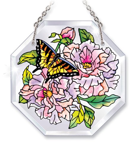 Amia Hand-Painted Beveled Glass Butterfly and Peonies Suncatcher, 4-1/2-Inch by 4-1/2-Inch Octagon