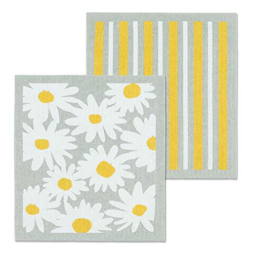 Abbott Collection  84-ASD-AB-51 Daisies & Stripes Dish Cloths. Set of 2, 6.5x8 inches L, Grey/White
