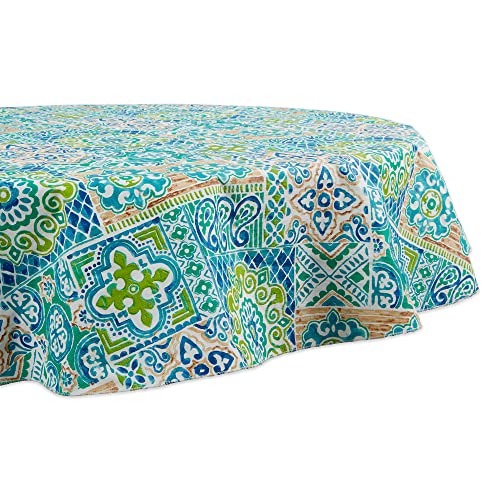 DII Design Spanish Tile Print Collection Vinyl Multi-Use, Flannel Backed Tablecloth, 70" Round, Spanish Tile