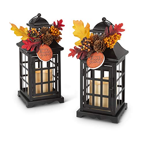 Gerson 2558240 Battery Operated Thanksgiving Lighted Metal Lanterns, 10.5-inch Height
