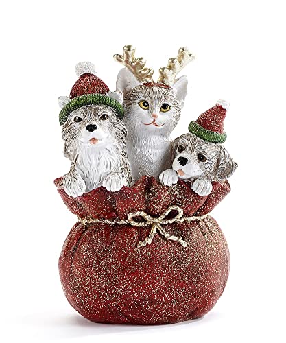 Giftcraft 682562 Christmas Dogs and Cat in Gift Sack Figurine, 4.9 inch, Polyresin