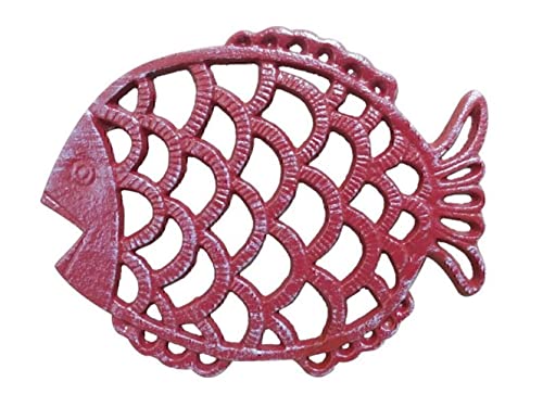 Hampton Iron Rustic Red Whitewashed Cast Iron Big Fish Trivet 8" - Sea Life Decor - Beach T