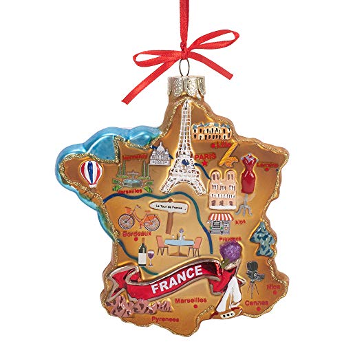 Kurt Adler Highlights of France Map Glass Ornament 4 3/4"