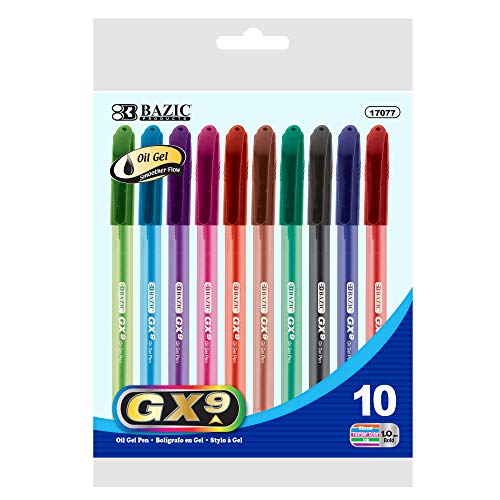 BAZIC 10 Color GX-9 Triangle Oil Gel Ink Pen, Ballpoint Pens 1.0mm, Stick Pen for Office School Teacher, 1-Pack