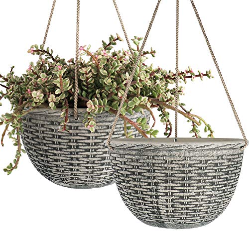La Jol√≠e Muse Hanging Planters Indoor, 9.8 Inch Hanging Pots for Plants Indoor, Stone Color, Weave Pattern, Set of 2