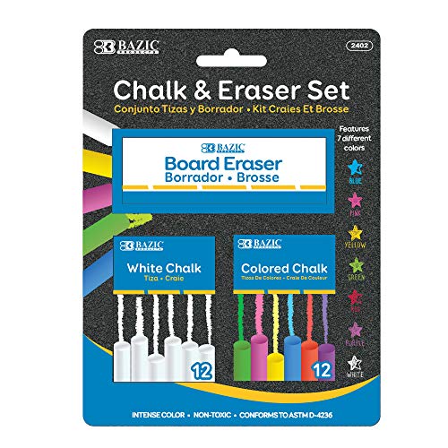 BAZIC Colored (12 Pcs) + White (12 Pcs) Chalk + Premium Chalkboard Eraser Bundle, Non-Toxic Kids Art Office Classroom Store Home, 1-Pack