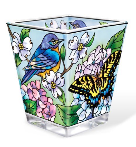 Amia Petite Votive with Bluebird and Butterfly Design, Hand Painted Glass, 2-1/2-Inch by 3-Inch by 2-1/2-Inch