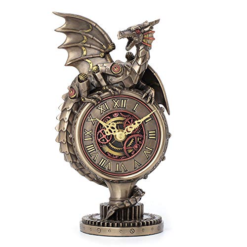 Unicorn Studio Veronese Design 10.25 Inch Steampunk Mechanical Dragon Perching On Top Clock Gear Stand Antique Bronze Finish Sculpture Tabletop Statue