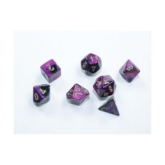 'Black and Purple Gemini Mini Dice with Gold Colored Numbers 10mm (3/8in) Set of 7 Chessex