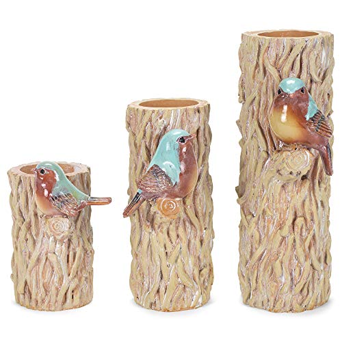 Transpac Rustic Bird Brown Tree Pillar 4.25 x 8 Resin Decorative Candlestick Holder Set 3