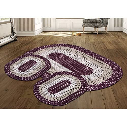 Better Trends Country Braid Collection 3 Piece Set Durable & Stain Resistant Reversible Indoor Oval Area Rug 100% Polypropylene in Vibrant Colors, 20"x30"/20"x30"/36"x60", Burgundy Stripe
