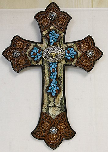 De Leon Collections Tooled Leather Cross with Longhorn Concho in Layered Turquoise Cross