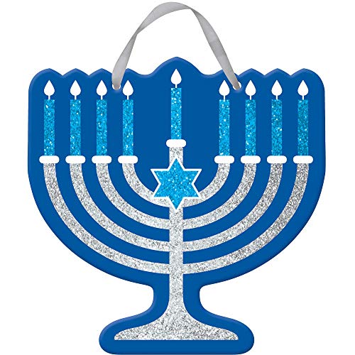Amscan Festive Hanukkah Blue Glitter Menorah Sign, 1Pc.