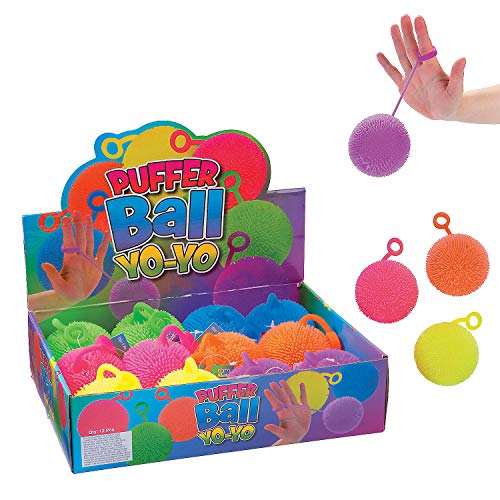 Fun Express Porcupine Balls - Bulk Set of 12 Puffer Yo Yo Toys and Party Favors - Includes Display Box