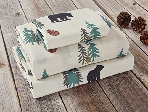 De Leon Collections Sunland Bear Pine Tree Evergreen Forest Sheet and Pillowcase Set - Size: Full/Double 4-Piece Sheet and Pillowcase Set