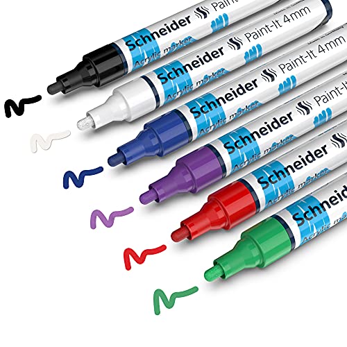 Rediform Schneider Paint-It 320 Acrylic Marker Set 1 (4 mm Round tip, high Coverage, Brilliant Colour, for Almost All Surfaces) 6 Pieces