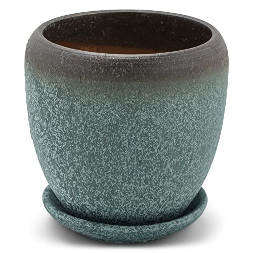 Napco Speckle Glazed Ceramic Pot for Indoor Plants Planter with Saucer, 3.5 inch, Teal