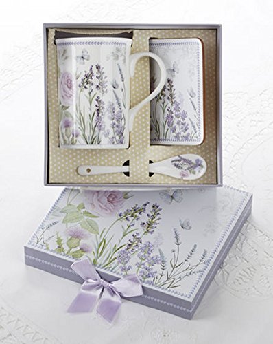 Delton Porcelain Mug, Coaster and Spoon Set, Lavender and Roses- Matching Gift Box
