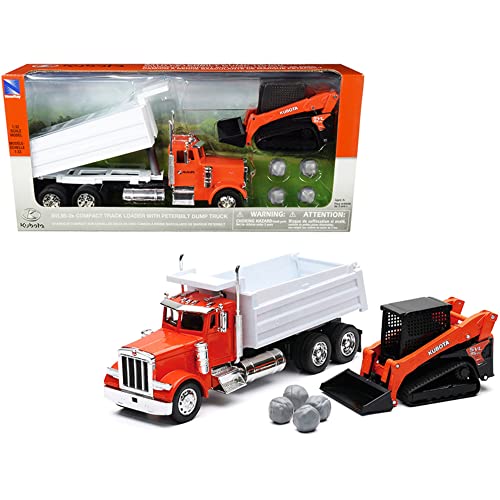 New Ray Toys Peterbilt Dump Truck Orange & White & Kubota SVL95-2s Compact Track Loader Orange & Black & Boulders Set of 2 pcs 1/32 Diecast Models New Ray SS-33383