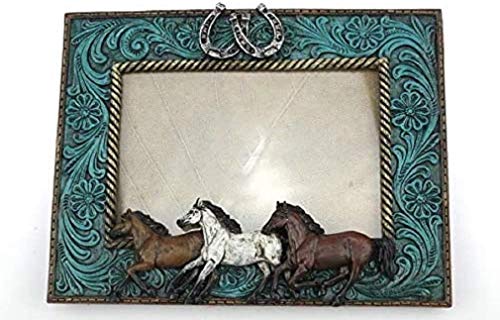 Comfy Hour Western Retro Collection Resin Art 6"x5" Photograph Running Horses Horseshoes Photo Frame Blue