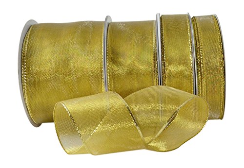 Ribbon Bazaar Wired Shimmering Metallic Sheer 1-1/2 inch Gold 25 Yards Ribbon