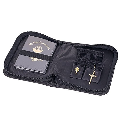 My First Communion Prayer Book Lapel Pin and Rosary in Black Faux Leather Folder Set for Boys by Roman