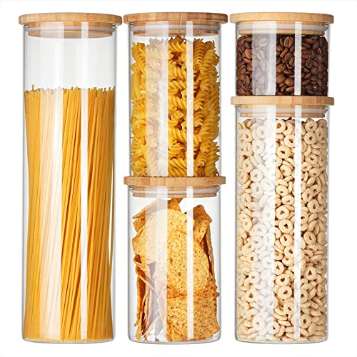 GENICOOK Borosilcate Glass Canister Set with Eco-Friendly, Easy to Open Natural Bamboo Lids - 10 pc set (5 Glass Containers, 5 Bamboo Lids) Circular