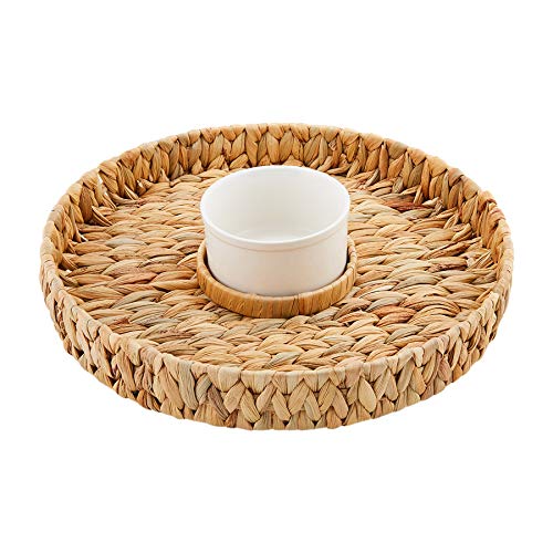 Mud Pie Water Hyacinth Chip and Dip Tray, basket 2 1/2" x 14" dia | bowl 2" x 4 1/2" dia, Brown