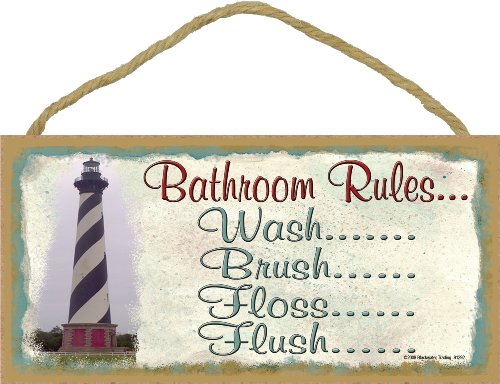 Blackwater Trading Lighthouse Bathroom Rules Brush Flosh Flush Wash Bath 5"x10" Sign