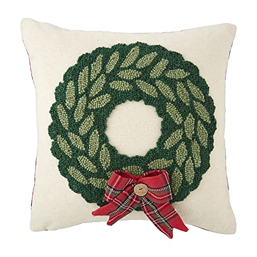 Mud Pie Tartan Wreath Hooked Pillow, 16" x 16", Hooked Wool