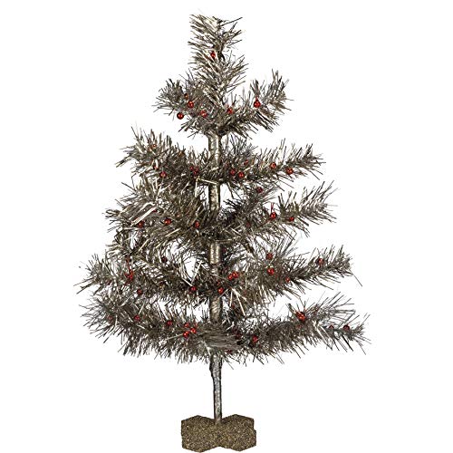 Primitives By Kathy Festive Artificial Silver Tinsel & Red Ornaments Christmas Tree 14 Inch x 18 Inch