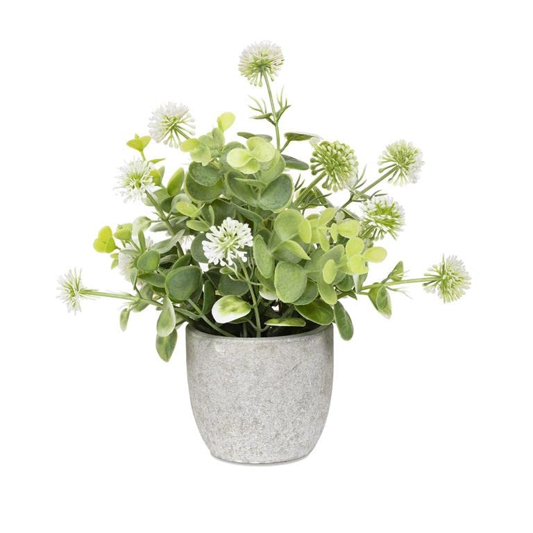 Blossom Bucket White Round Artificial Flower with Stone-Like Pot, 8.25-inch Height, Home Decor Accent