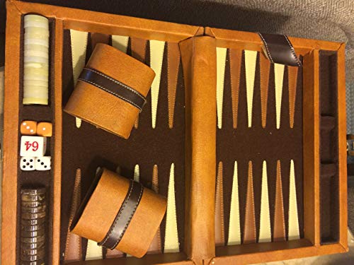 CHH 9.25" Backgammon Set in Leatherette Case with Buckles, Brown/Tan