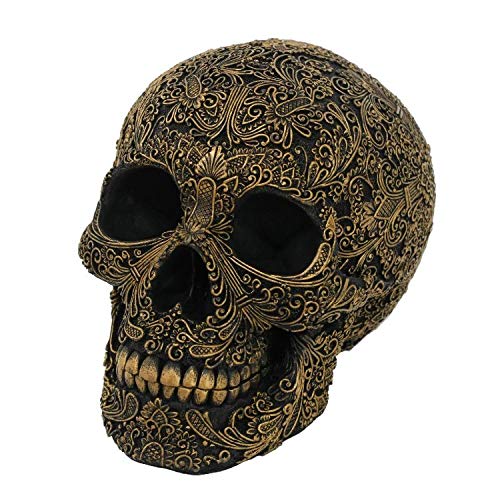 Pacific Trading Giftware Black Carved Skull with Gold Flower Arrangement Outlines Resin Figurine Home Decor Statue