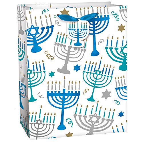 Amscan Glossy Hanukkah Menorah Medium Paper Bag - 9 1/2" x 8" x 4 1/2" | Multicolor - Pack of 1
