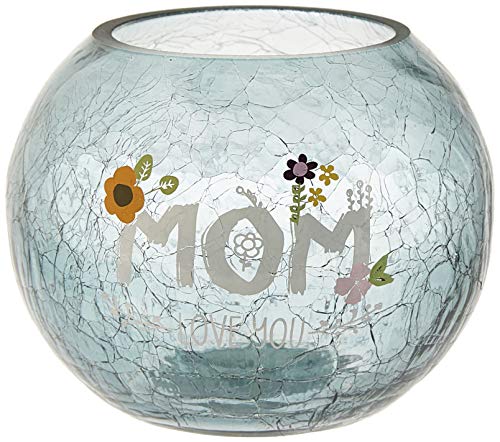 Pavilion Gift Company Mom Love You-Gray Tinted Floral Round Candle, 5 Inch Included 5" Crackled Glass Tealight Holder