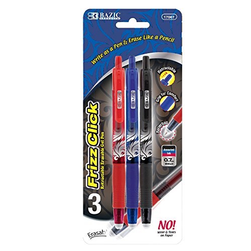 BAZIC Frizz Assorted Color Erasable Gel Retractable Pen with Grip, Pack of 3 (17067)