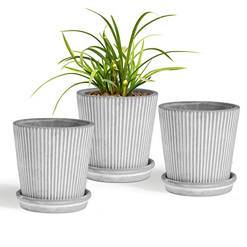 T4U 4 Inch Cement Plant Planter Pot with Saucer Modern Stripe Pack of 3, Grey Small Concrete Planter with Line Handicraft as Gift, Aloe Herb Container for Indoor Home Office Decor