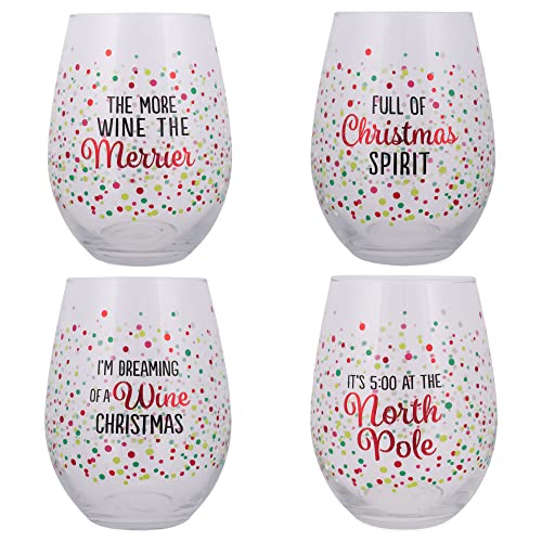 Transpac More Wine The Merrier 18 Ounce Glass Christmas Stemless Wineglass Set of 4, White