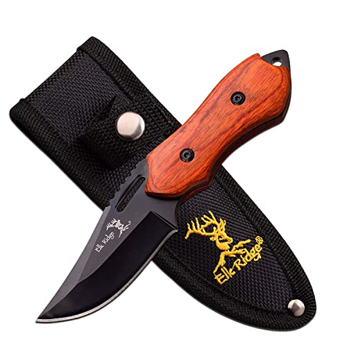 Master Cutlery Elk Ridge - Outdoors Fixed Blade Knife - 6-in Overall, 3-in Black Stainless Steel Blade, Brown Wood Handle, 1680D Nylon Sheath - Hunting, Camping, Survival - ER-562WD