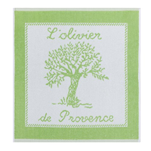 Coucke French Cotton Square Terry Towel, Olivier Amande, 20-Inches by 20-Inches, Green, White