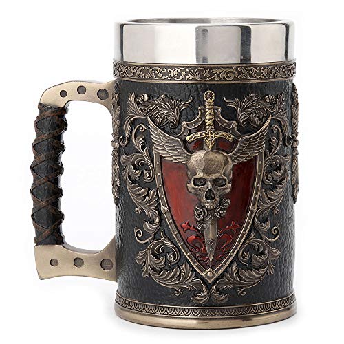 Unicorn Studio Veronese Design 6.25 Inch 0.5 L Winged Sword And Shield Skull Crest Beer Stein Stainless Steel Tumbler Antique Bronze Finish Sculpture Cup