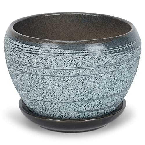 Napco Spotted and Striped 4 Inch Grey Ceramic Flower Pot Planter with Saucer