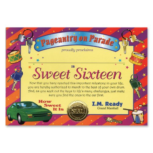 Beistle CG021 Sweet Sixteen Personalize Certificate Birthday Greeting, Multicolor, 5'' X 7'