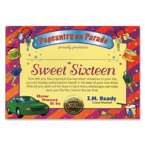 Beistle CG021 Sweet Sixteen Personalize Certificate Birthday Greeting, Multicolor, 5&