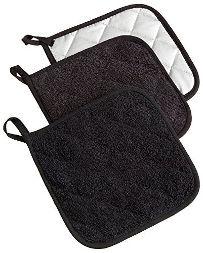 DII Design Basic Terry Collection Quilted 100% Cotton, Potholder, Black, 3 Piece